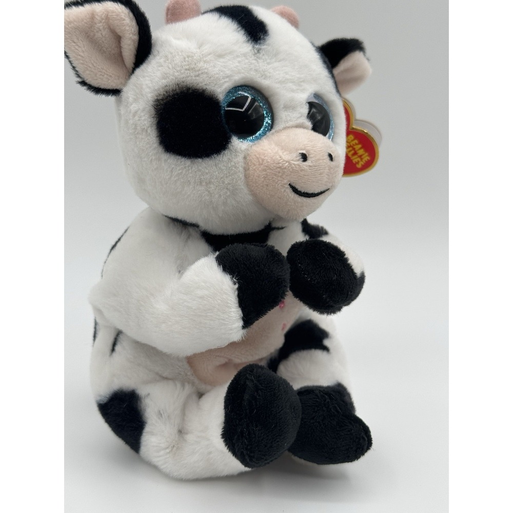 Ty Beanie Bellies Herdly Cow Plush with Ear Tag Stuffed Black White Stuffed - Picture 2 of 4